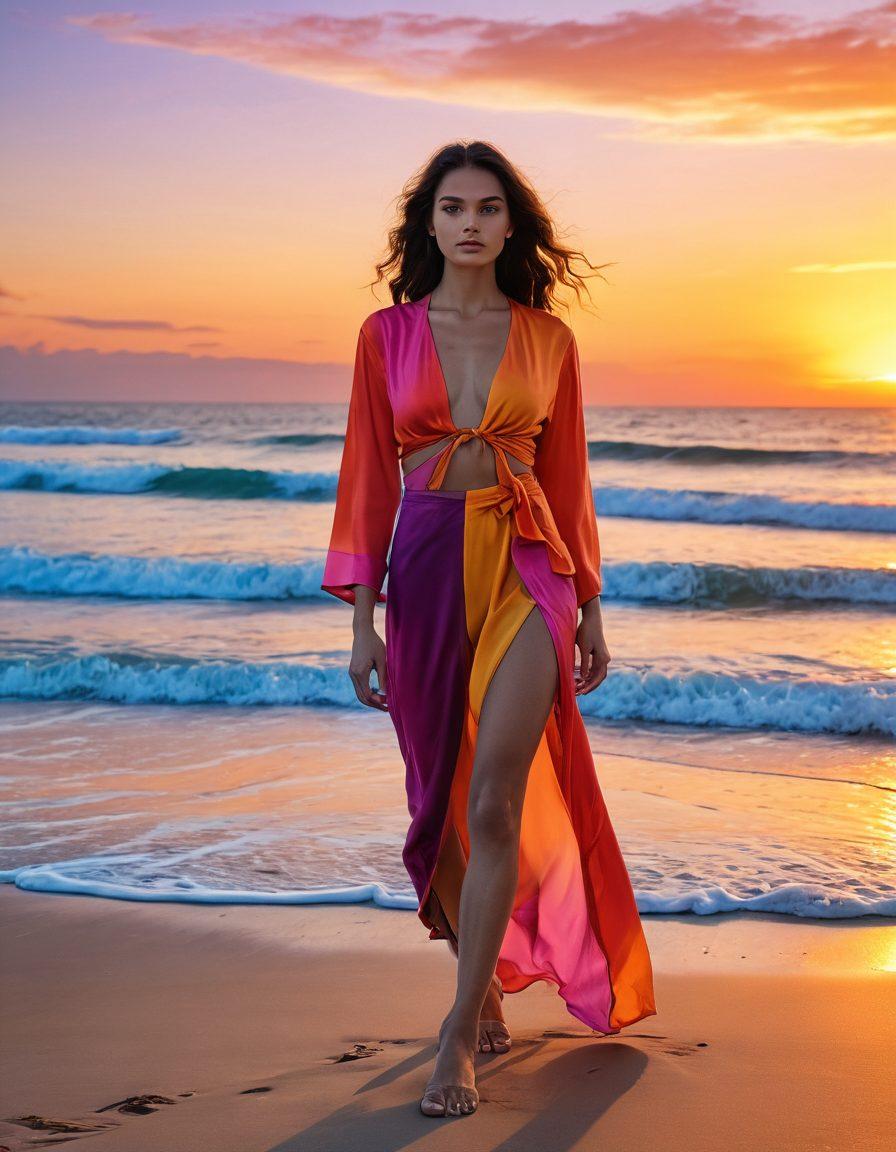 A picturesque beach scene with a stylish model showcasing vibrant beachwear that reflects joy and transformation, juxtaposed with subtle elements of sadness symbolized by a fading shadow in the background. The sky is painted with a brilliant sunset, hinting at hope and change, while soft waves lap at the shore. Bright colors dominate the attire, emphasizing a blend of elegance and emotional rebirth. super-realistic. vibrant colors. sunset backdrop.