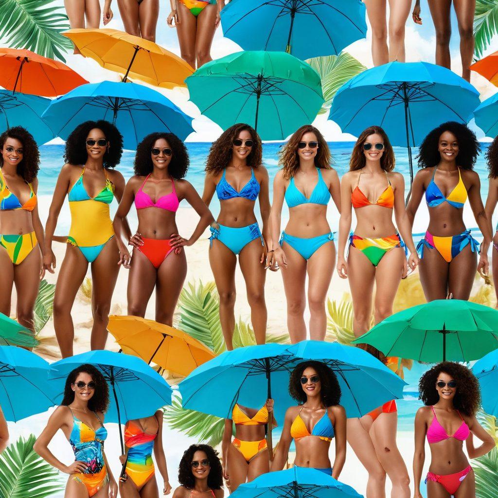 A vibrant scene featuring a diverse group of people confidently wearing unique and eye-catching bathing suits at a sunlit beach. Each bathing suit expresses individuality through bold colors and innovative designs, highlighting the concept of emotional armor. Incorporate tropical elements like palm trees and colorful beach umbrellas to enhance the summer vibe. The atmosphere should radiate joy and confidence, celebrating diversity and self-expression. super-realistic. vibrant colors. beach background.